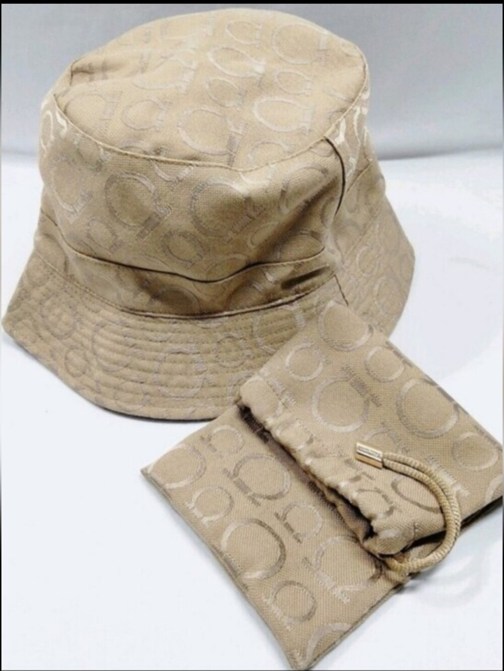 Salvatore Ferragamo Beige Monogram Bucket Hat with Pouch